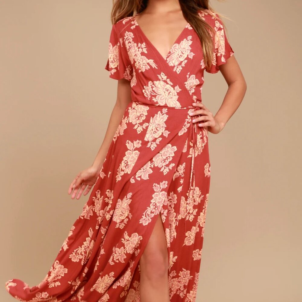 Lulu's Heart of Marigold Rust Red Floral Print Wrap Maxi Dress Size L